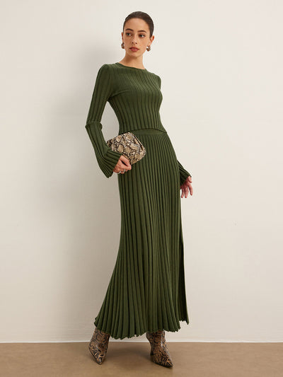 Geripptes Strickset | Langarm-Top & Plisseerock | Elegant & Modern